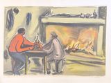 tableau représentant deux hommes assis à une table devant une cheminée
