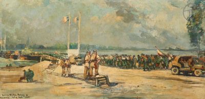 painting of a group of men standing on a dirt road next to a body of water