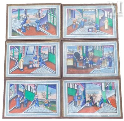four paintings of people in a living room with a dog and a cat