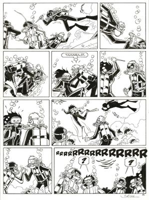 une page tirée de la première page de la bande dessinée, sur laquelle figure une image en noir et blanc représentant un homme en train de plonger