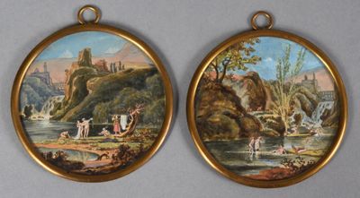paire de tableaux représentant un paysage avec des personnages dans une rivière