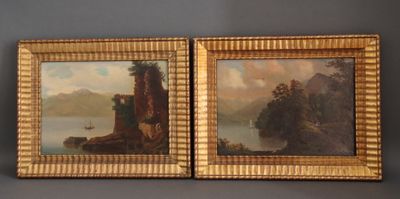 pair of 19th century oil on canvas paintings of a lake and a castle