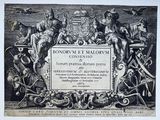 une vieille gravure représentant une plaque sur laquelle figure l'image d'un groupe de personnes