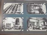 four black and white photos of a dining room in a building