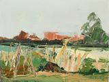 l'image d'une peinture d'un champ avec des arbres en arrière-plan