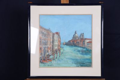 tableau représentant un canal à Venise avec une église en arrière-plan