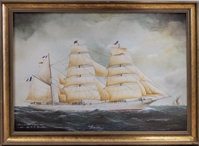 an oil painting of a tall ship in the ocean on a cloudy day