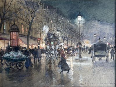 un tableau représentant des personnes marchant dans la rue la nuit