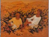 une peinture à l'huile représentant deux femmes assises dans un champ de fleurs jaunes