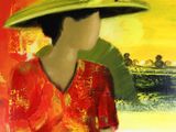 an oil painting of a woman in a red dress and a green hat