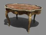 a small table with a marble top on a gray surface