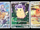 three pokemon cards are shown in a row on a black background