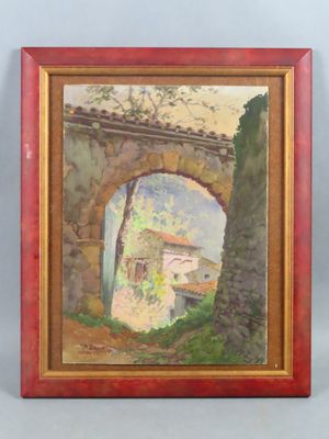 une peinture à l'huile représentant une porte dans un mur de pierre, avec un bâtiment en arrière-plan