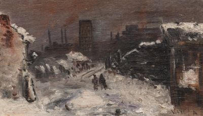 an oil painting of a snowy street scene with people walking in the snow