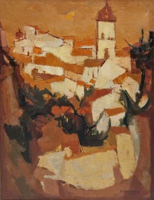 une peinture à l'huile représentant une vue d'une ville depuis une colline