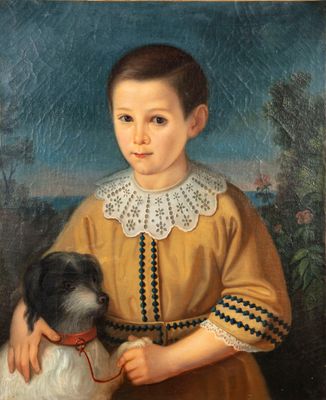 portrait d'un garçon avec un chien dans un paysage