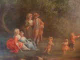 a painting of a group of people in a wooded area