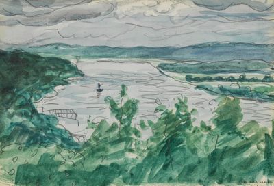 drawing of a view of a river with a boat in the distance