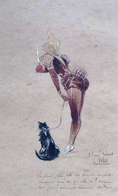 tableau représentant une femme avec un chien en laisse sur le sable