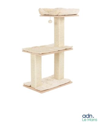 the cat tree is made of wood and has two shelves
