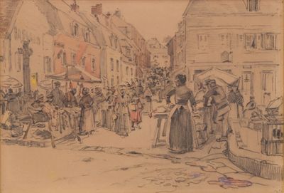 dessin représentant une scène de rue avec des personnages et une calèche