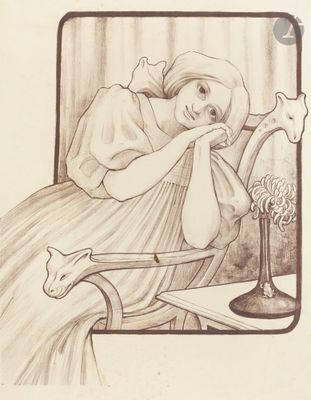 un dessin représentant une femme assise sur une chaise, la main posée sur le menton