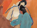 a painting of a man and a woman on a horse