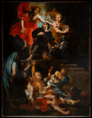 an image of a painting of a group of people in a dark room