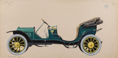 drawing of a green car with a black top and yellow wheels