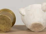a white pig and a gold coin on a table