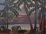 a painting of a painting of people and animals on the beach