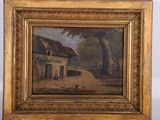 une peinture à l'huile représentant une scène de ferme avec des poules et une grange