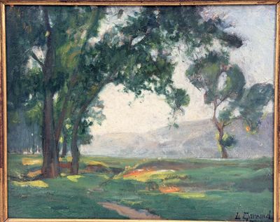 an oil painting of a landscape with trees and a path