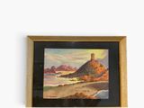 painting of a landscape with mountains and a body of water in the foreground