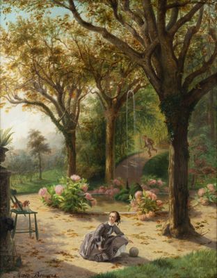 an image of a painting of a woman sitting on the ground in a park