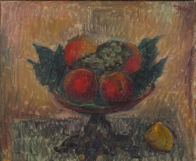 une peinture représentant une coupe de fruits sur une table