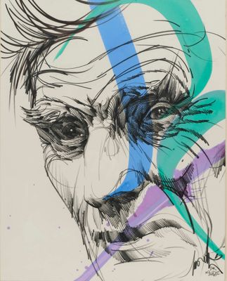 une image représentant le dessin du visage d'un homme, avec des lignes bleues, vertes et violettes