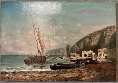 une peinture accrochée au mur représentant une plage avec des bateaux dans l'eau