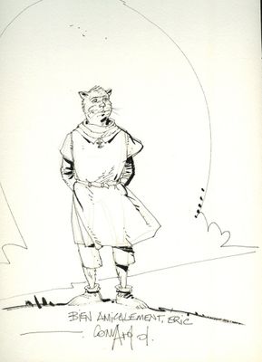 dessin représentant un homme debout sur une colline, avec un cerf-volant en arrière-plan