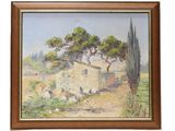 un tableau représentant une scène de ferme avec des poules et des arbres