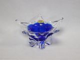 un bol en verre contenant une fleur bleue