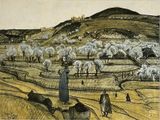 drawing of a landscape with a man and a woman standing in the middle of a field