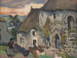 une peinture à l'huile représentant une femme et des poules devant un bâtiment