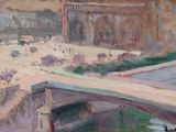 painting of a painting of a bridge over a river with a building in the background