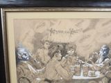 drawing of a group of people sitting around a table with drinks