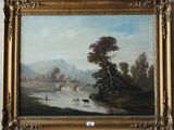 tableau représentant une scène fluviale où des bovins traversent un pont au bord d'une rivière
