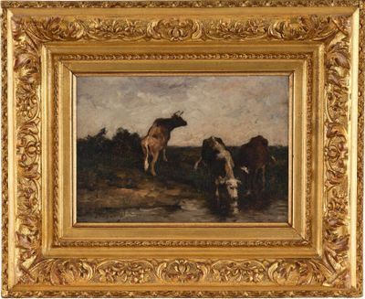 une image représentant un tableau montrant des vaches dans un champ près d'un ruisseau