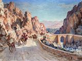 a painting of a group of people riding camels down a mountain road