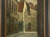 an oil painting of a street scene with a building in the background
