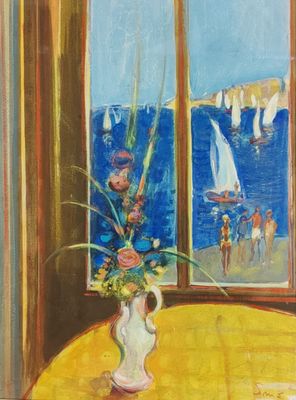 un tableau représentant un vase posé sur une table près d'une fenêtre